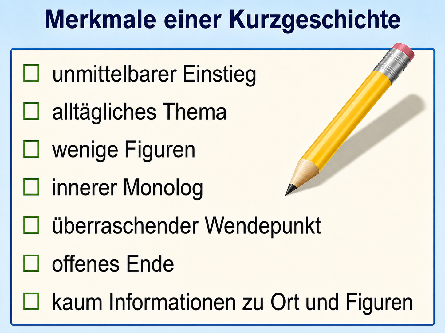 Merkmale einer Kurzgeschichte mit Checkliste und Bleistiftillustration